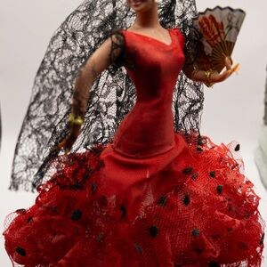 Vintage Spanish Flamenco Dancer Doll Red Dress Lace Figurine Spain Decor